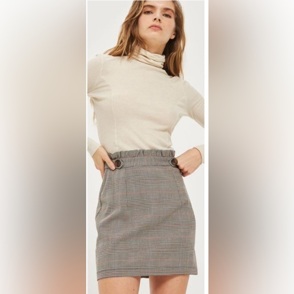 TOPSHOP Herringbone black checked plaid skirt with ruffle waist & buttons US 6